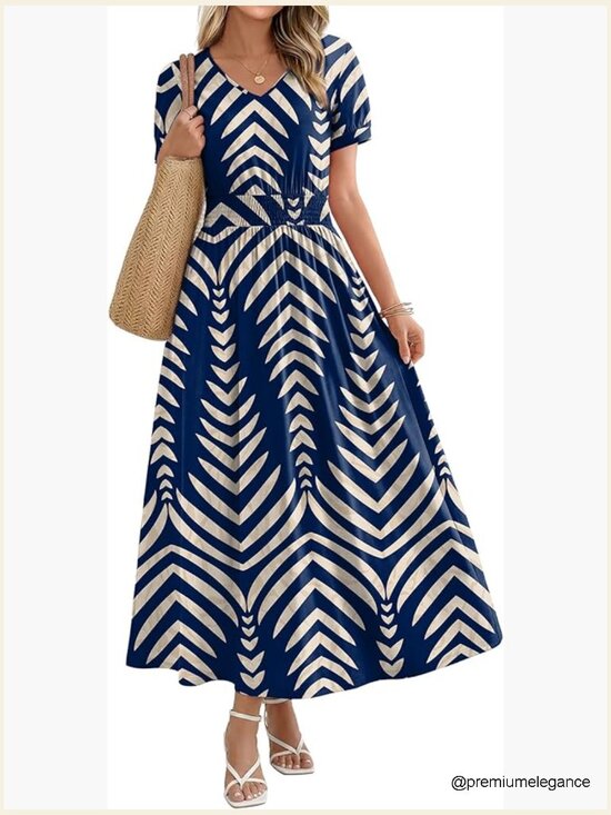 Dresses & Skirts - V Neck Maxi Dress Smocked Waist A Line Flowy Midi Long Dress Boho Beach Casual